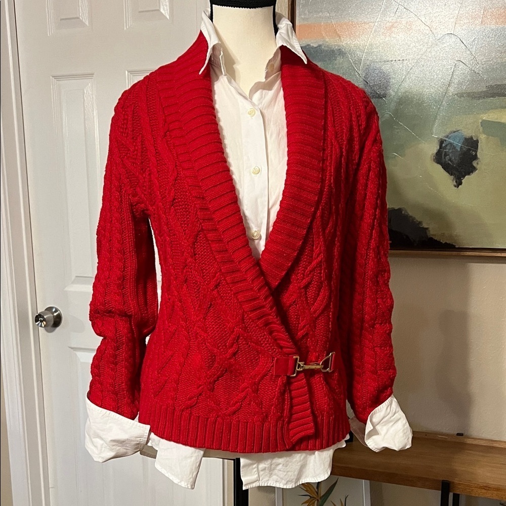 Lauren Ralph Lauren Cable-Knit Wrap Cardigan w/ Gold Clasp Red 100% Cotton Small